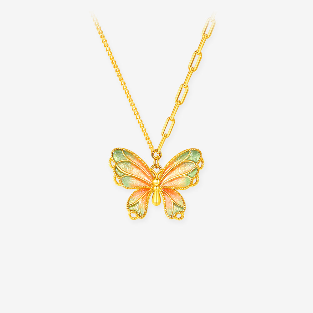 Gold Plated Silver Enamel Pearl Colorful Butterfly Necklace