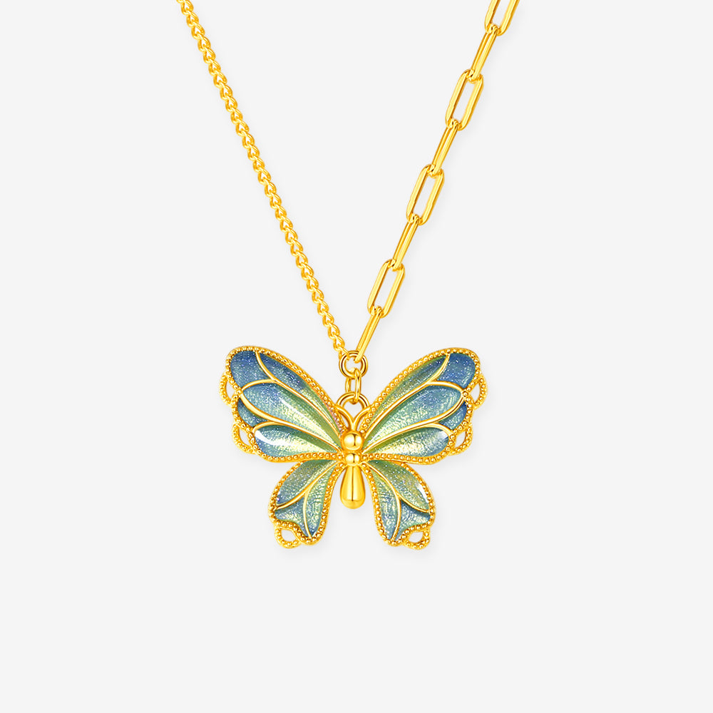 S925 Silver Enamel Pearl Colorful Butterfly Necklace