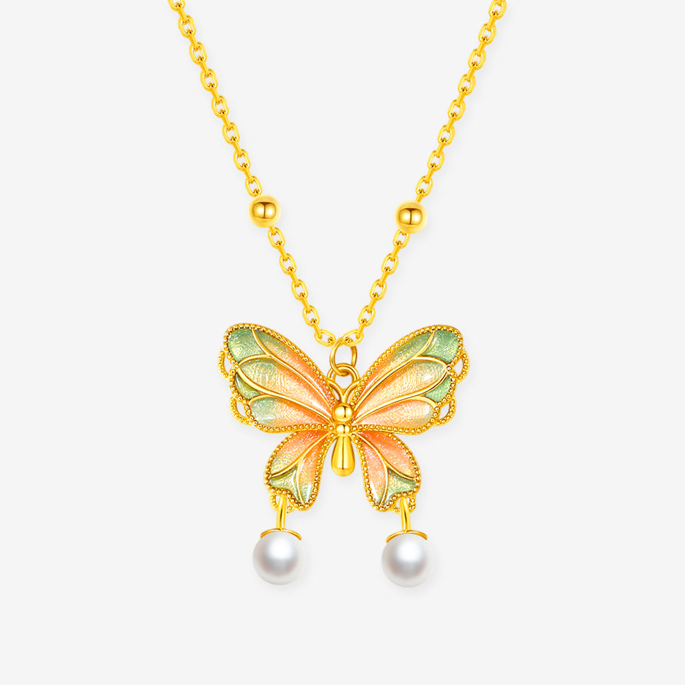 S925 Silver Enamel Pearl Colorful Butterfly Necklace