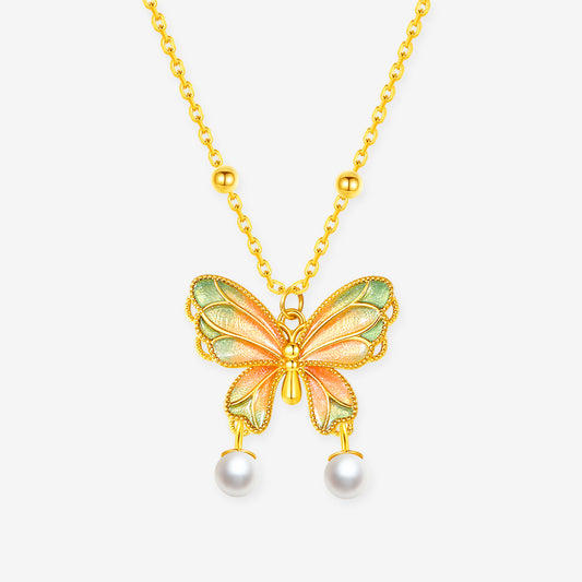S925 Silver Enamel Pearl Colorful Butterfly Necklace