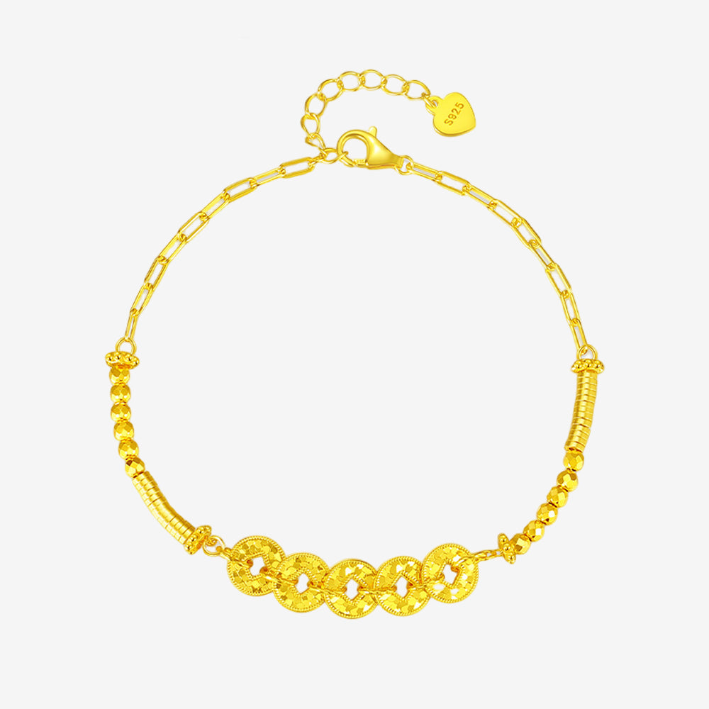 Gold Plated Silver Five Emperors Coins Blessing Jewelry Set - Necklace & Bracelet