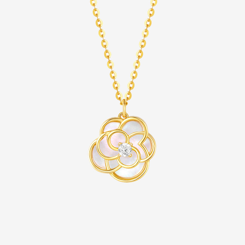 S925 Silver Camellia White Shell Necklace Jewelry Set