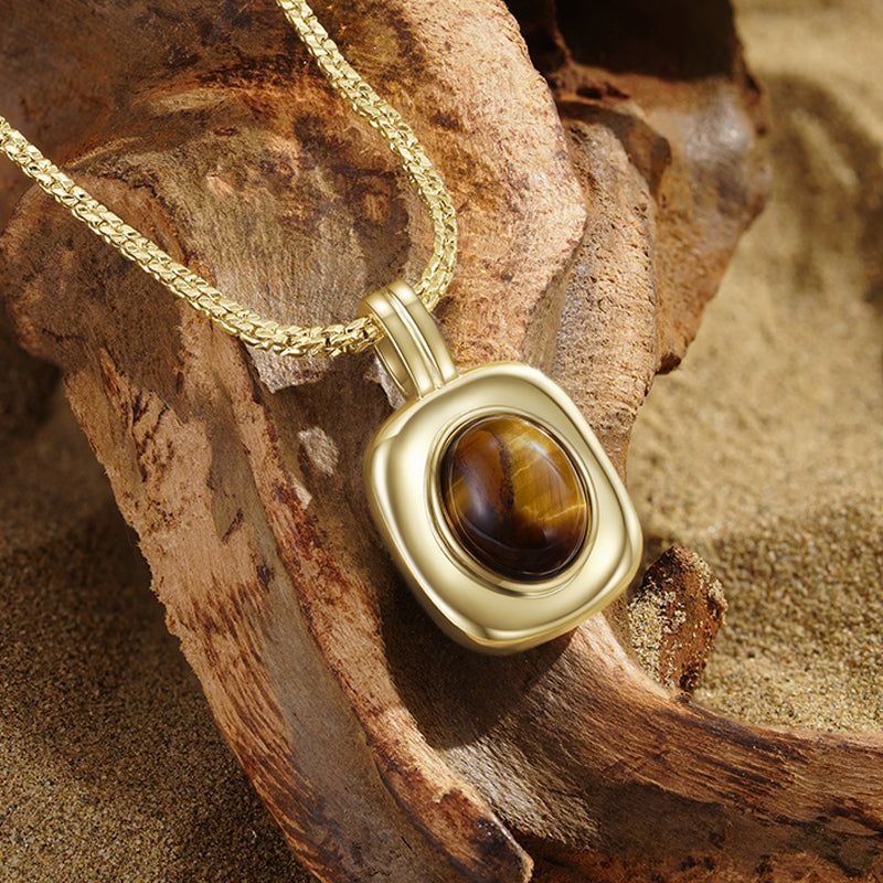 S925 Silver Alloy Tiger Eye Stone Vintage Style Jewelry Set - Neckalce Earrings