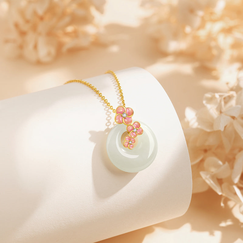 S925 Silver Peach Blossom Hetian Jade Ping An Buckle Necklace