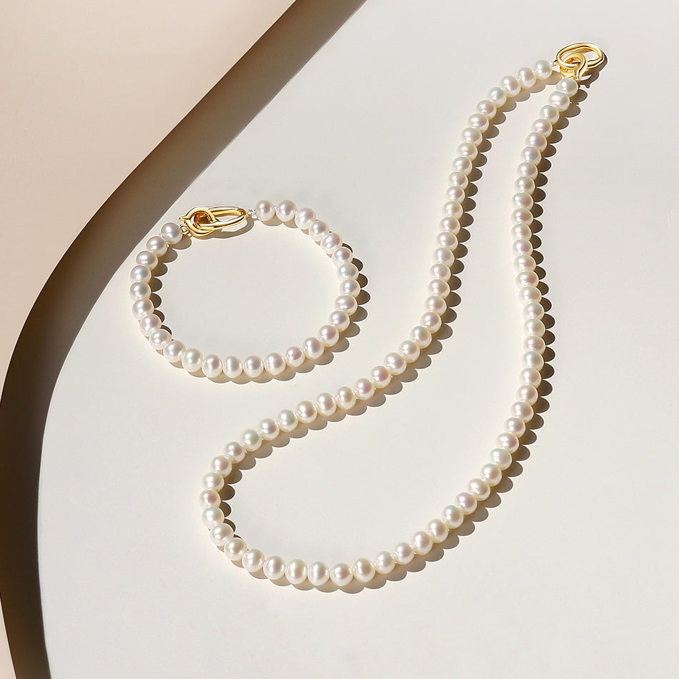 S925 Silver Gold Geometric Buckle Pearl Jewelry Set - Bracelet Necklace