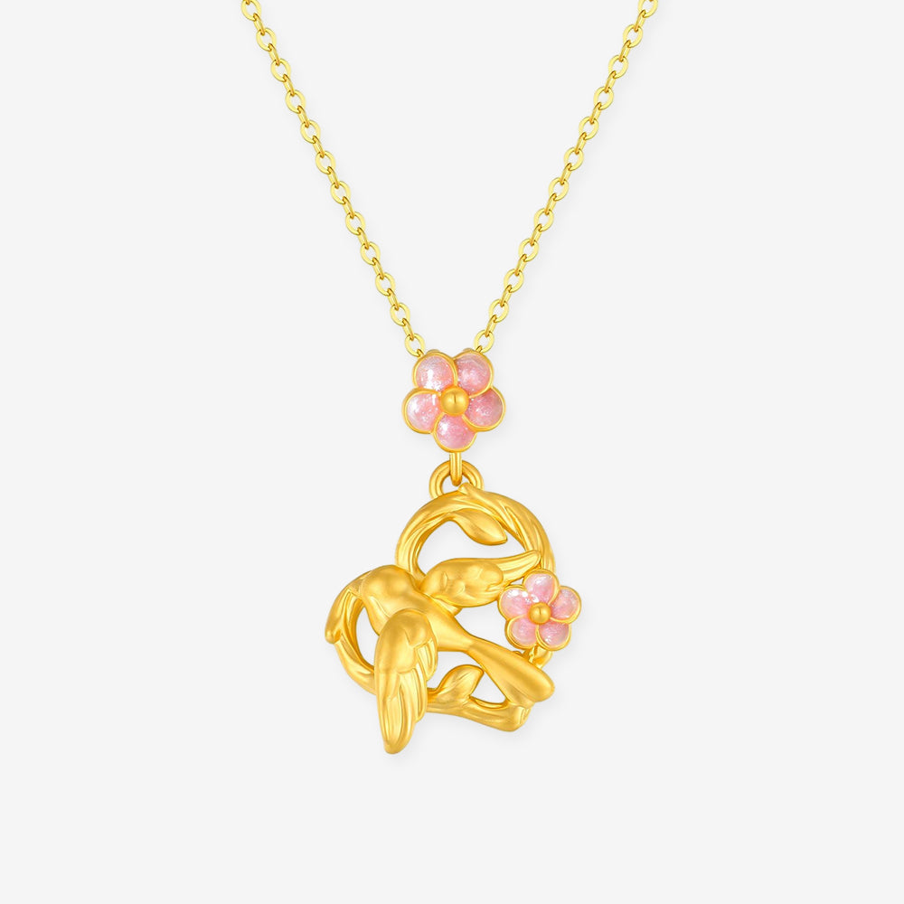 Twelve Gods of Flowers Series 24K Gold Enamel Magpie and Plum Blossom Heart Necklace Pendant