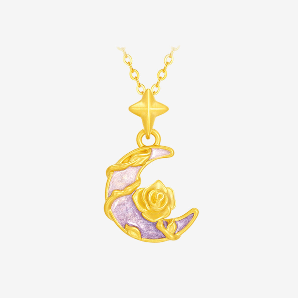 Monet Garden Series 24K Gold Secret Words Luminous Enamel Rose Moon Necklace Pendant