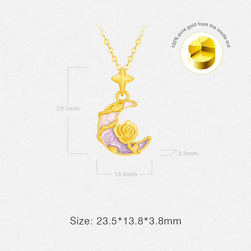Monet Garden Series 24K Gold Secret Words Luminous Enamel Rose Moon Necklace Pendant