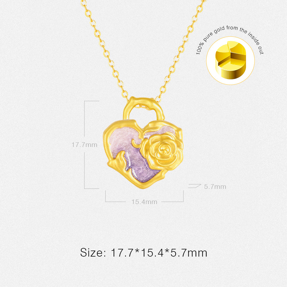 Monet Garden Series 24K Gold Secret Words Luminous Enamel Rose Heart Lock Pendant