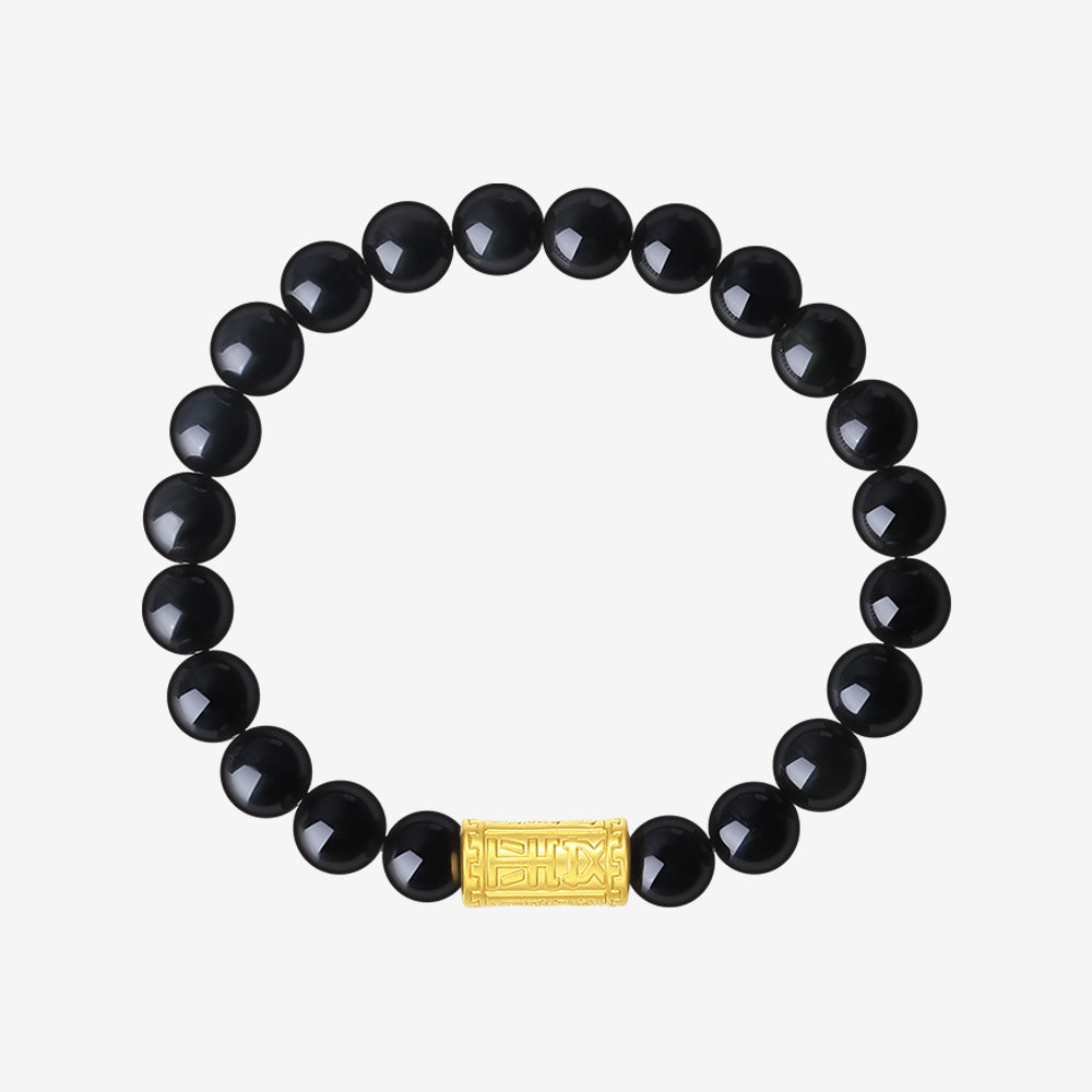24K Gold Pingan Barrel Charm Agate Beaded Bracelet