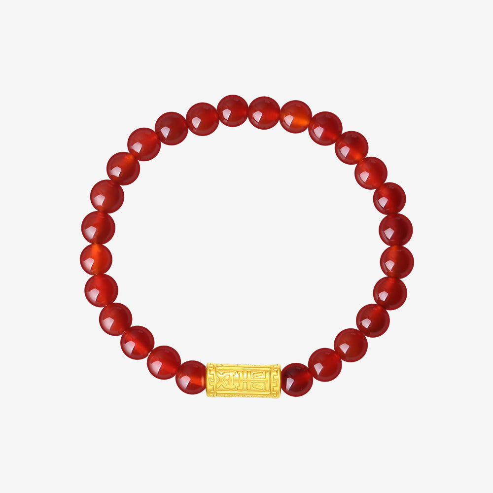 24K Gold Pingan Barrel Charm Agate Beaded Bracelet