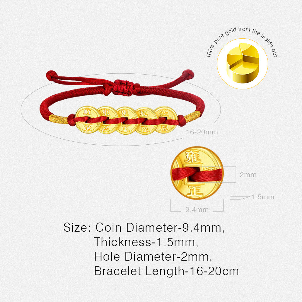 24K Gold Five Emperors Coins Good Luck Traditional for Man/Women Couple Bracelet