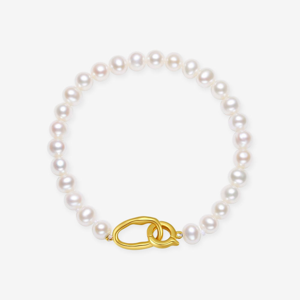 S925 Silver Gold Geometric Buckle Pearl Jewelry Set - Bracelet Necklace