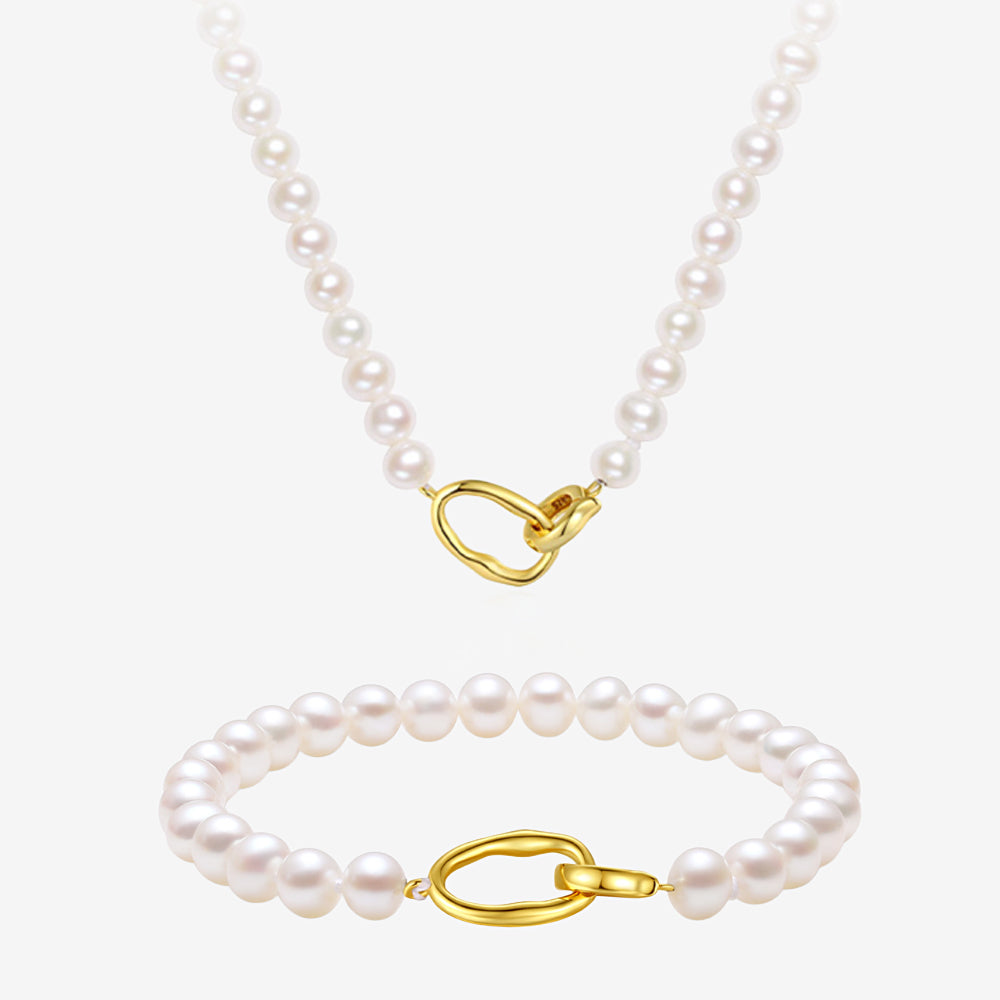 S925 Silver Gold Geometric Buckle Pearl Jewelry Set - Bracelet Necklace
