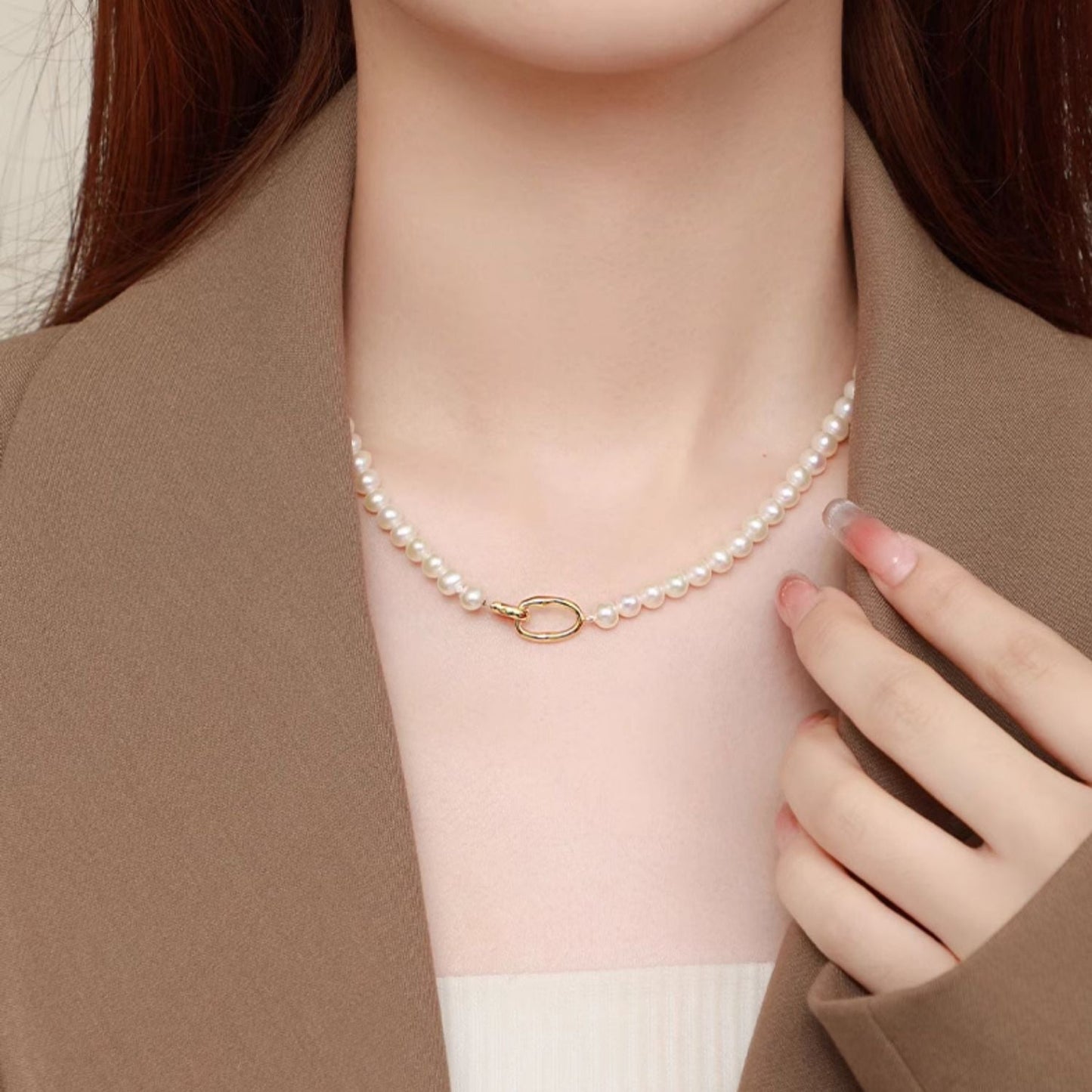 S925 Silver Gold Geometric Buckle Pearl Jewelry Set - Bracelet Necklace