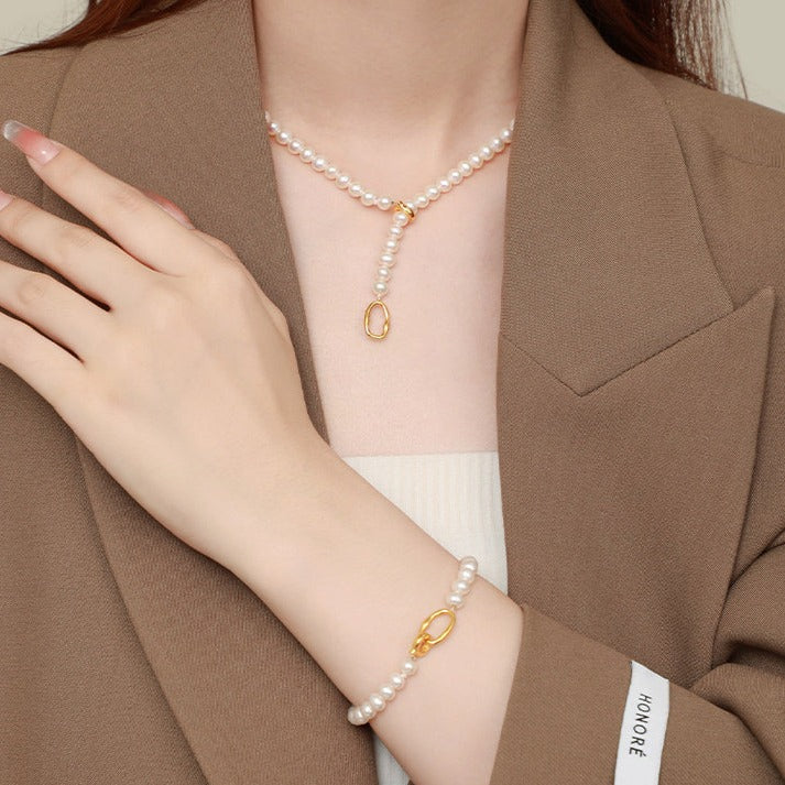 S925 Silver Gold Geometric Buckle Pearl Jewelry Set - Bracelet Necklace