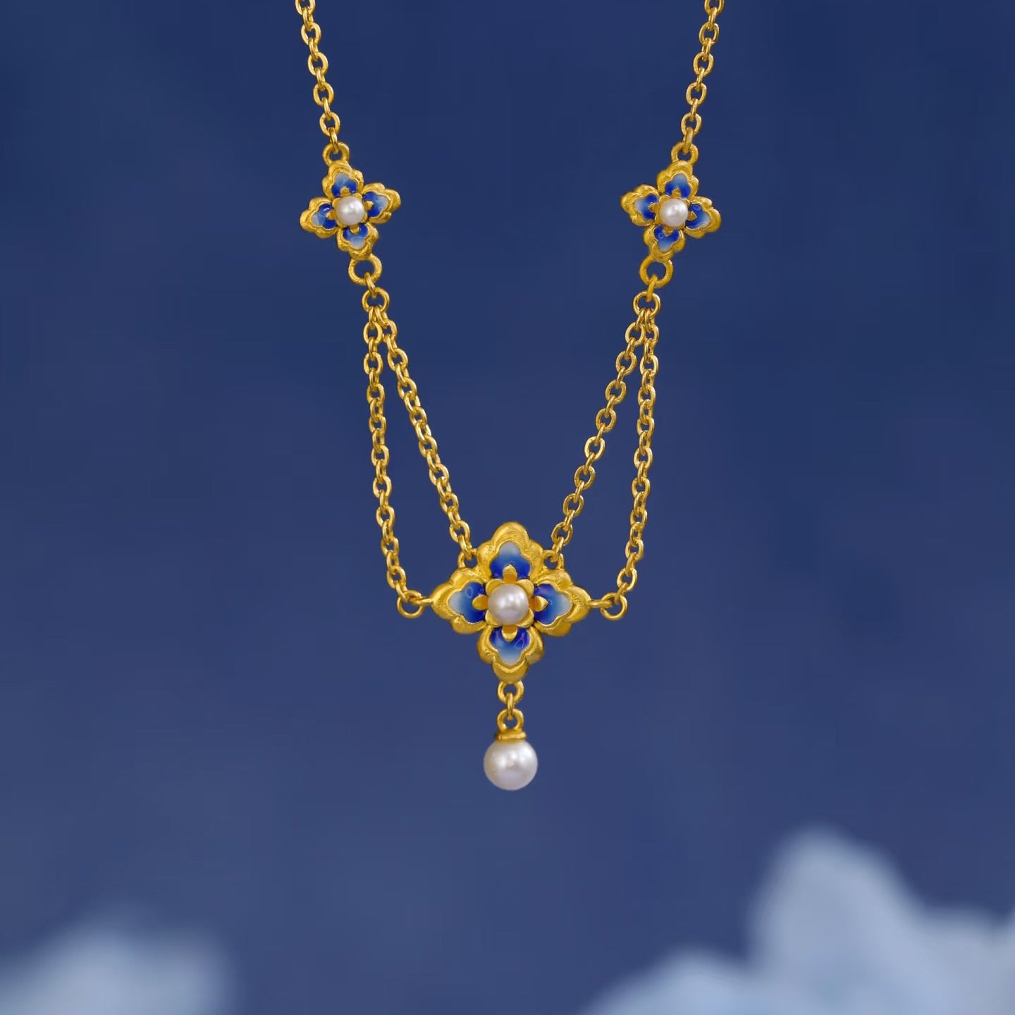 Oriental Blue and White Series 24K Gold Pearl Enamel Lotus Necklace