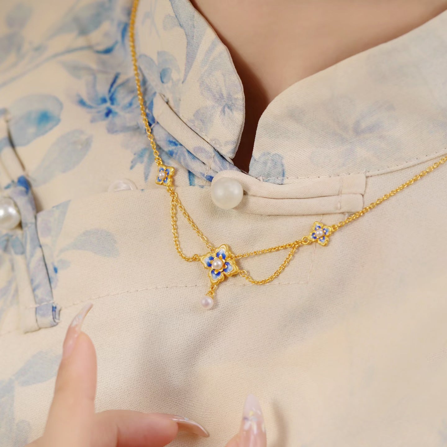 Oriental Blue and White Series 24K Gold Pearl Enamel Lotus Necklace