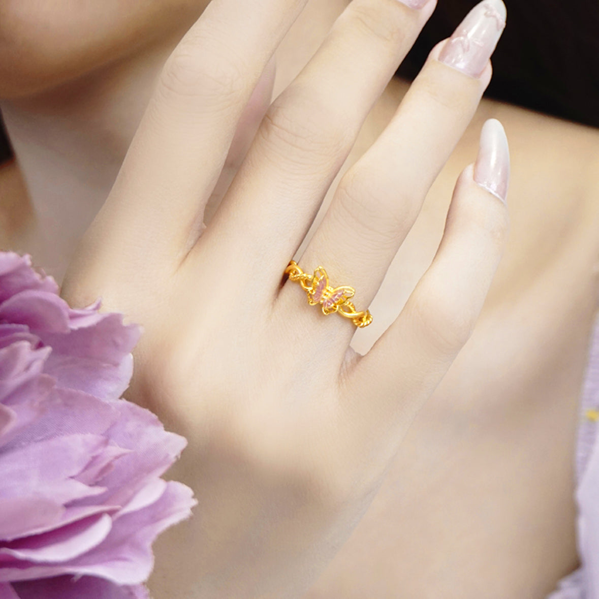 Monet Garden Series 24K Gold Enamel Butterfly Vine Ring