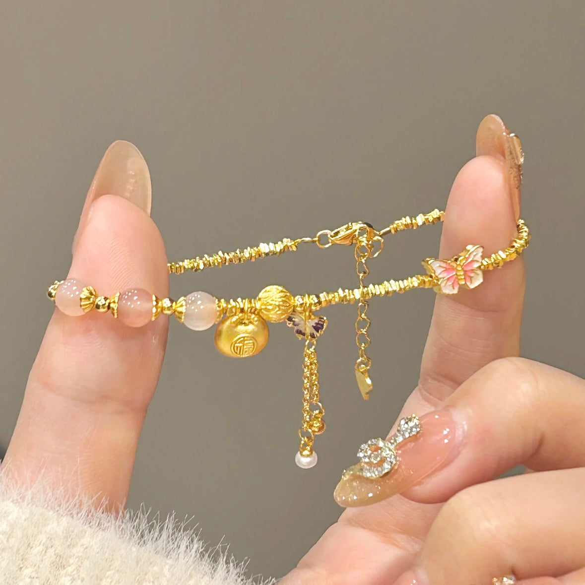 S925 Silver Agate Blessing Fu Bag Butterfly Bracelet