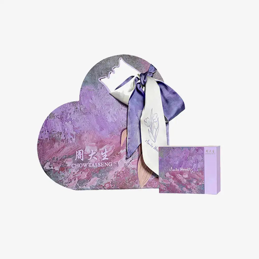 ChowTaiSeng Monet Garden Series heart-shaped gift box in purple Impressionist print with satin ribbon bow and matching jewelry box, white background
