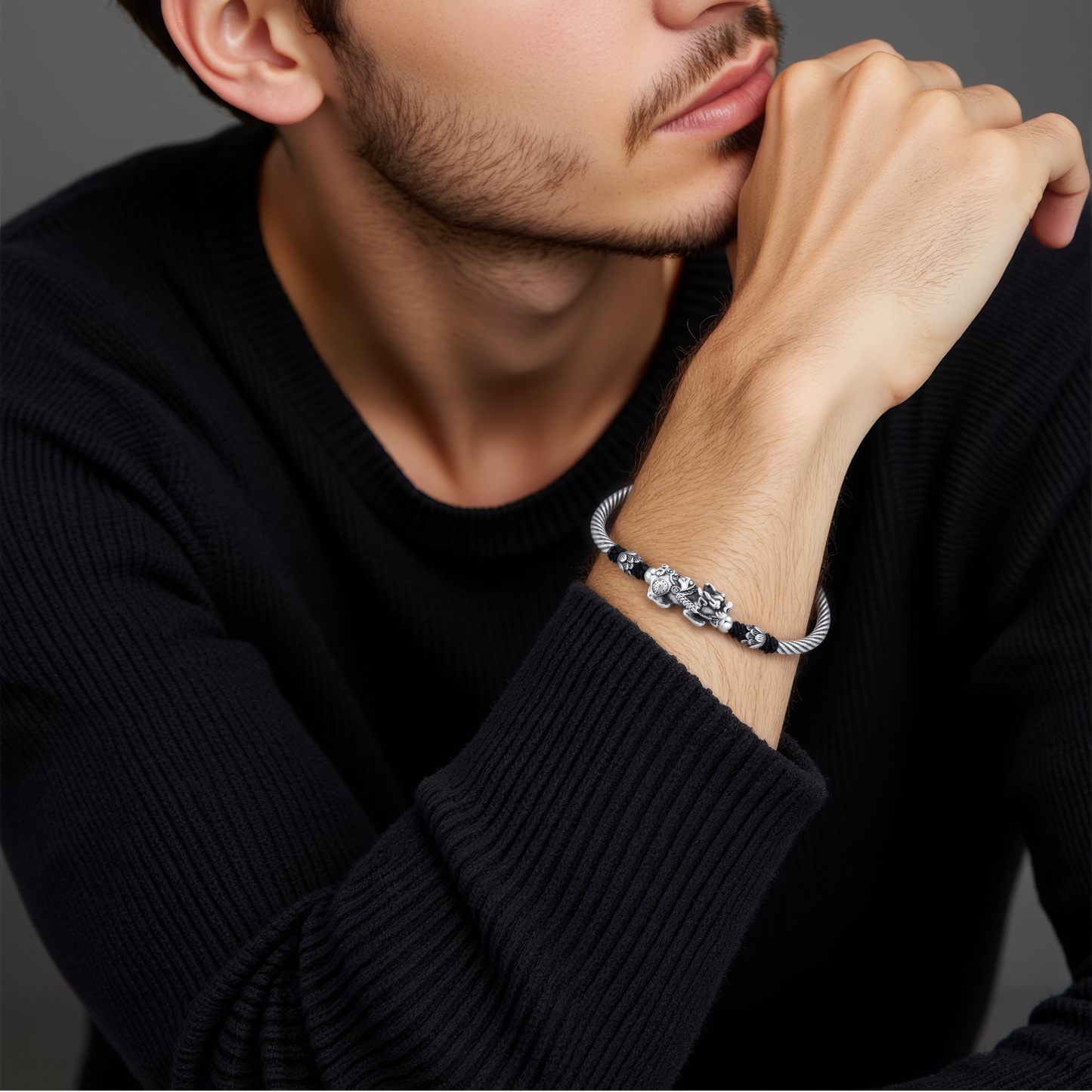 S990 Silver Lotus Pixiu Men Bracelet