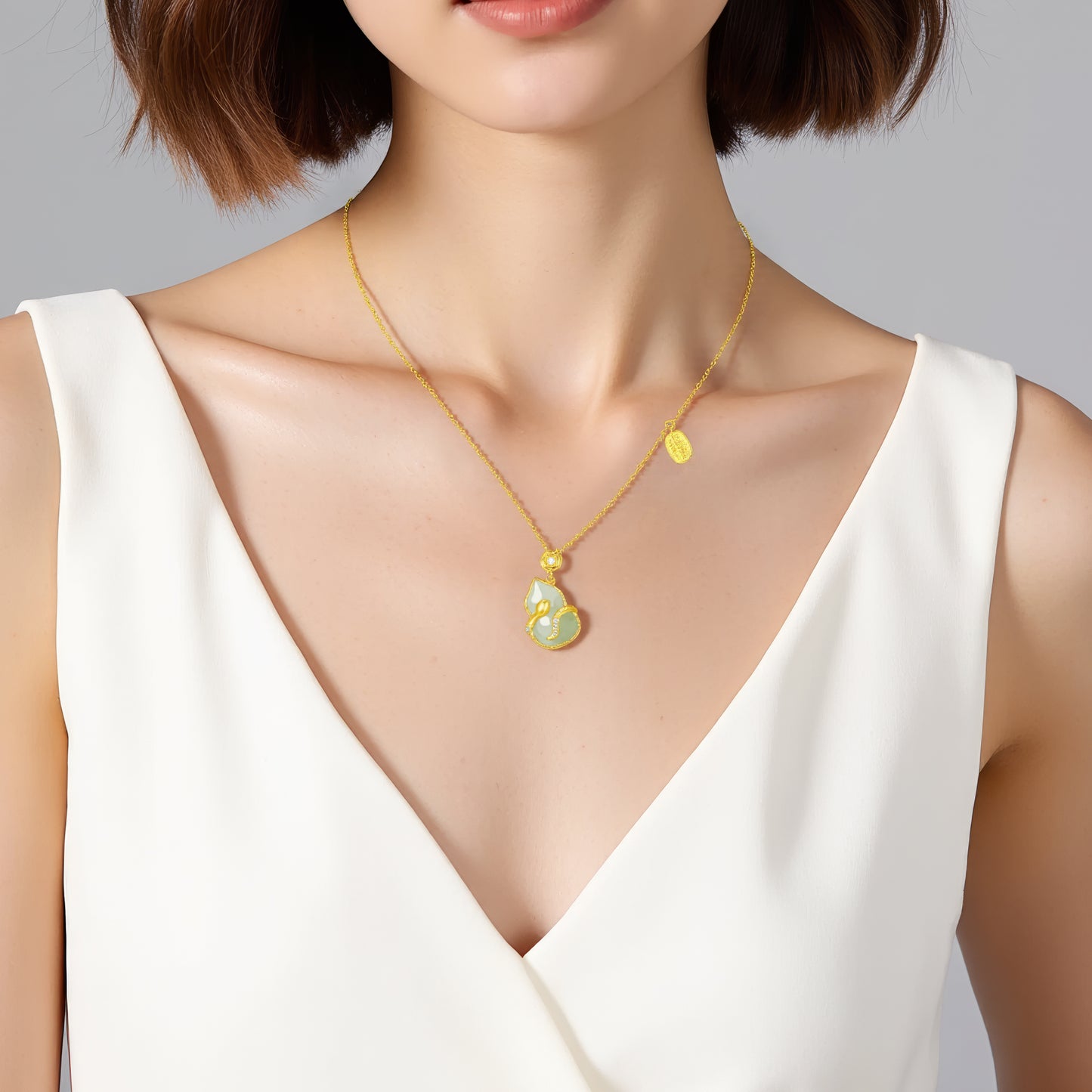 S925 Silver Hetian Jade Chalcedony Blessing Snake Calabash Gourd Necklace