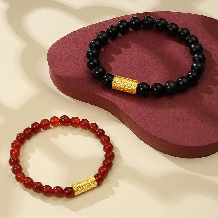 24K Gold Pingan Barrel Charm Agate Beaded Bracelet