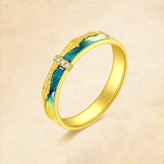 A Grand Panorama of Rivers and Mountains Series 24K Gold Diamond Enamel Green Mountain Ring