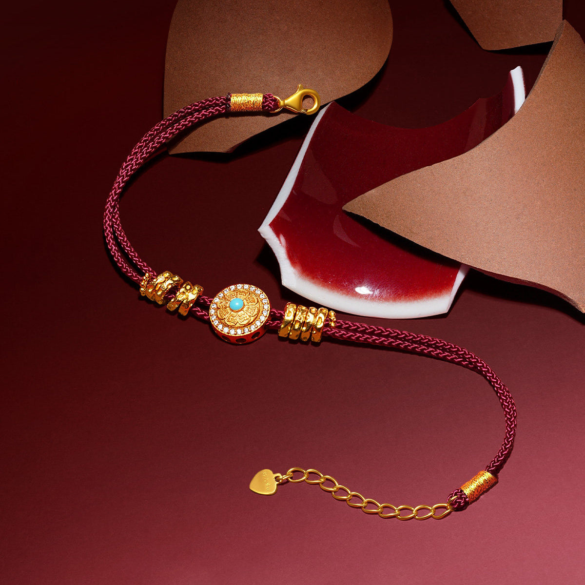 [Pre-sale] Gold Plated Silver Zircon Eight Treasures Compass Red Braided Bracelet