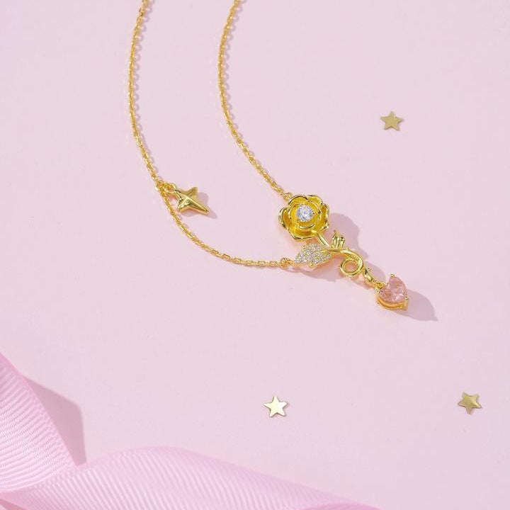 S925 Silver Zircon Yellow Rose Pink Heart Necklace