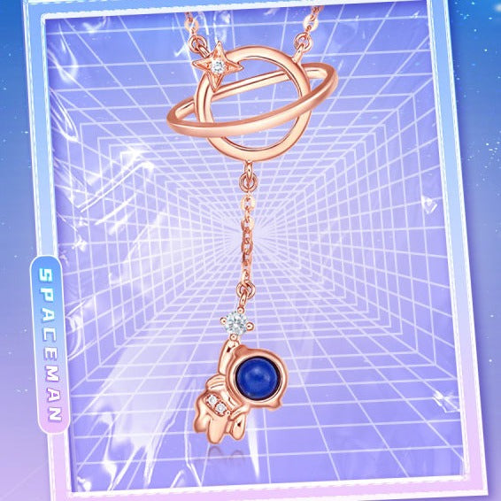 Shining Girl Series 18K Rose Gold Diamond Lapis Lazuli Astronaut Planet Necklace