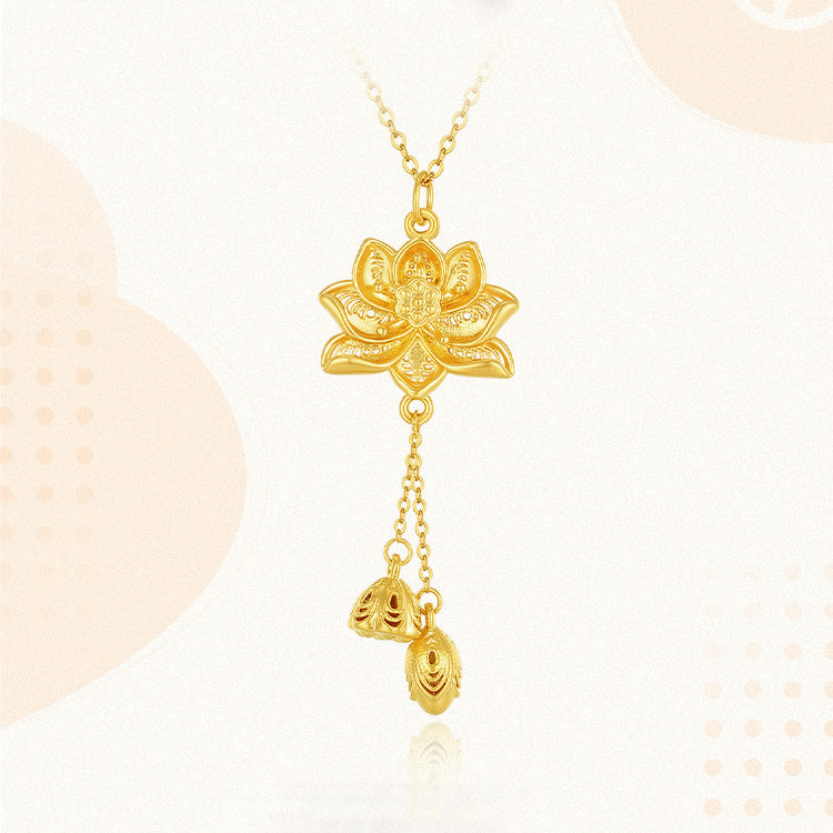 24K Gold Lotus Flower Tassel Necklace Pendant