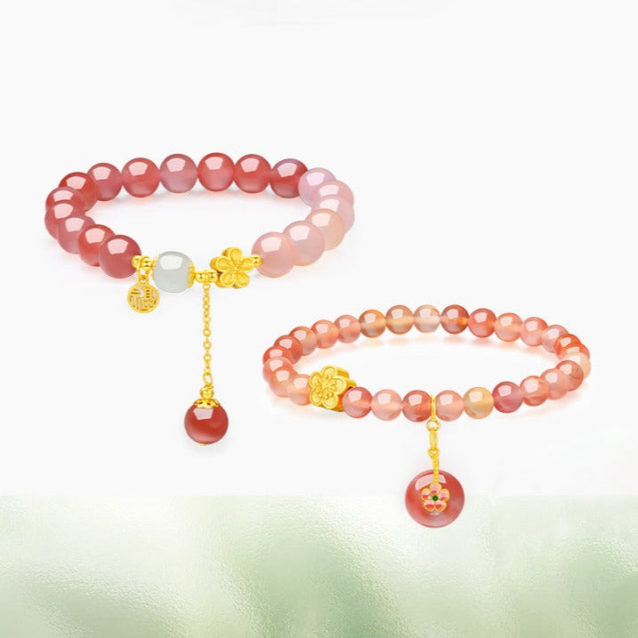 925 Silver Peach Blossom Flower Pink Agate Beaded Bracelet