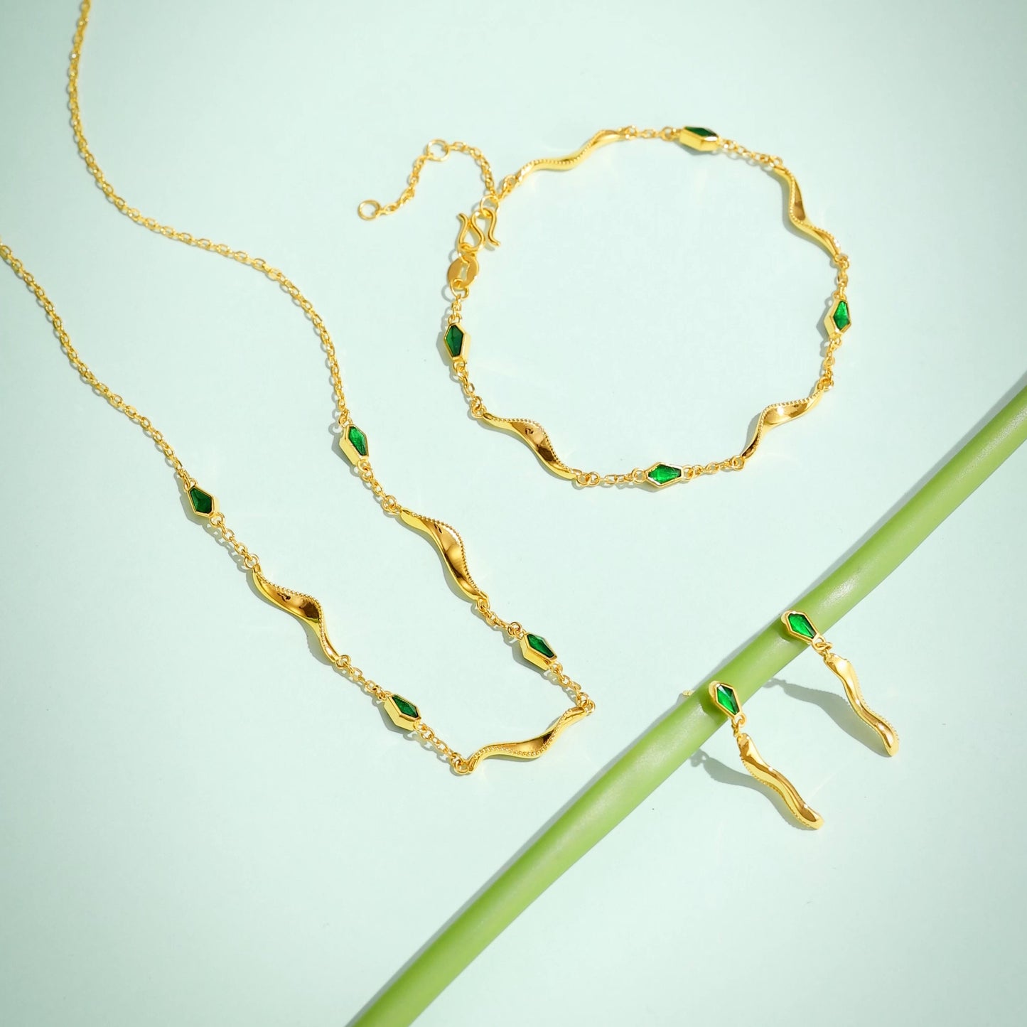 24K Gold Enamel Streamer Green Snake Earrings Necklace Bracelet Jewelry Set