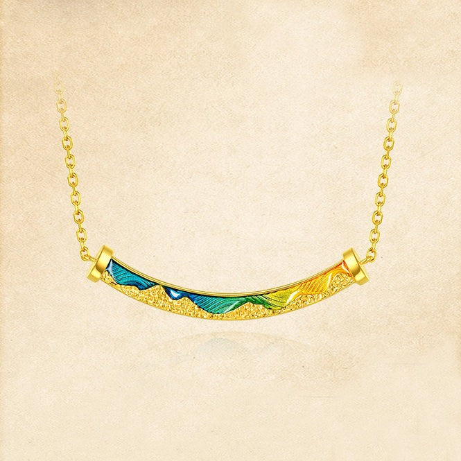 A Grand Panorama of Rivers and Mountains Series 24K Gold Enamel Arc Bar Necklace