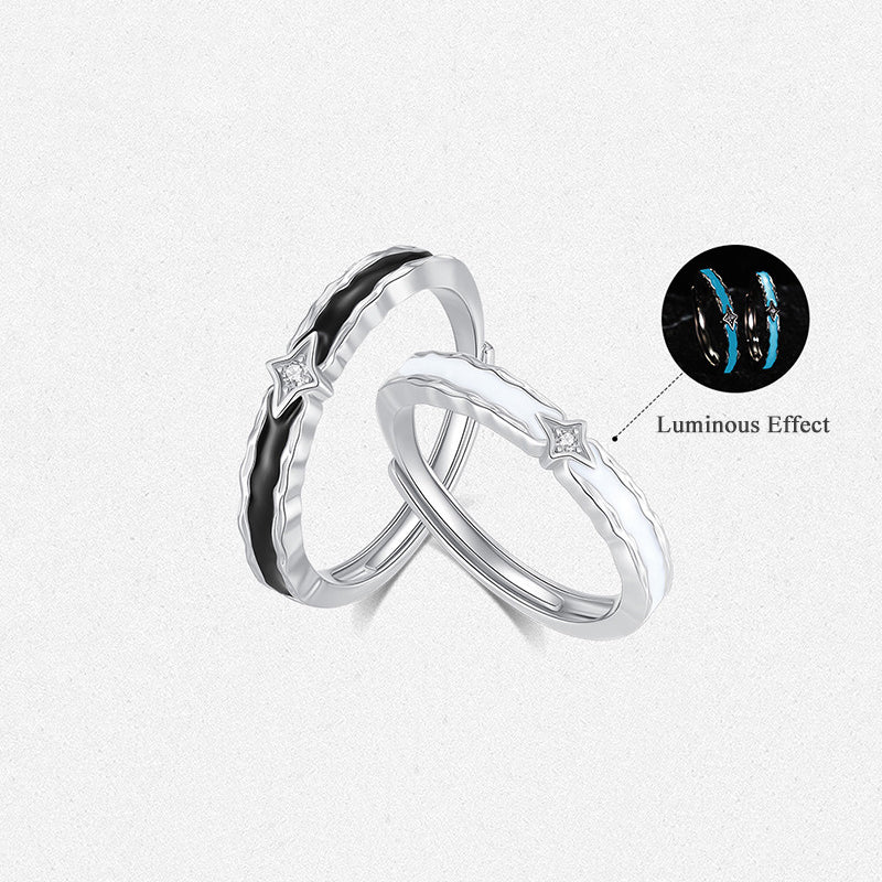 S925 Silver Luminous Enamel Black White Star Couples Rings