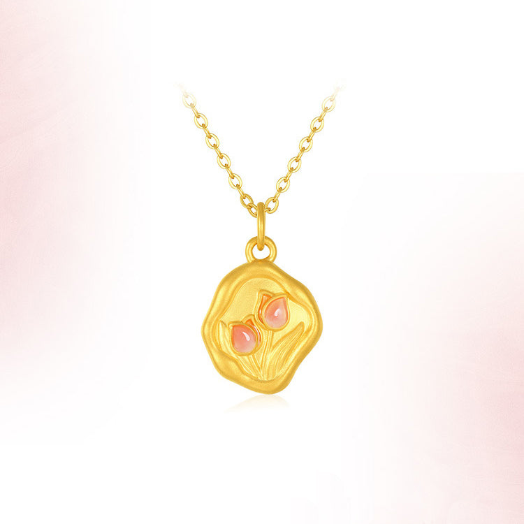 Monet Garden Series 24K Gold Pink Tulip Flower Necklace Pendant