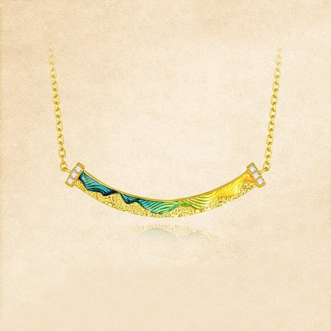 A Grand Panorama of Rivers and Mountains Series 24K Gold Enamel Diamond Arc Bar Necklace