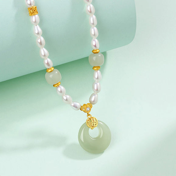 S925 Silver Pearl Hetian Jade Ping An Buckle Necklace