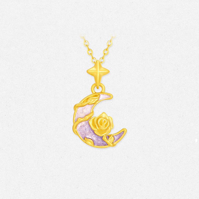 Monet Garden Series 24K Gold Secret Words Luminous Enamel Rose Moon Necklace Pendant