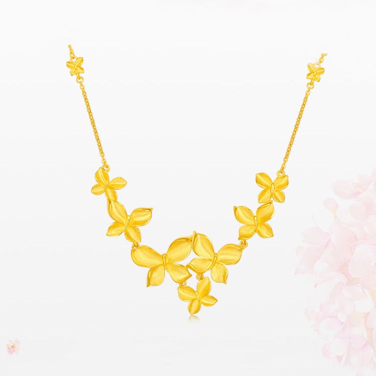 Happy Flower Wedding Series 24K Gold Butterfly Love Flower Necklace