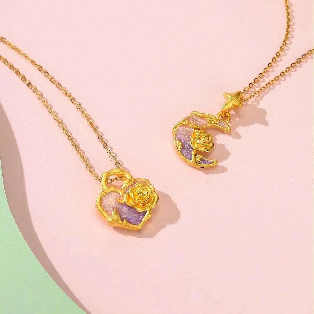 Monet Garden Series 24K Gold Secret Words Luminous Enamel Rose Heart Lock Necklace Pendant