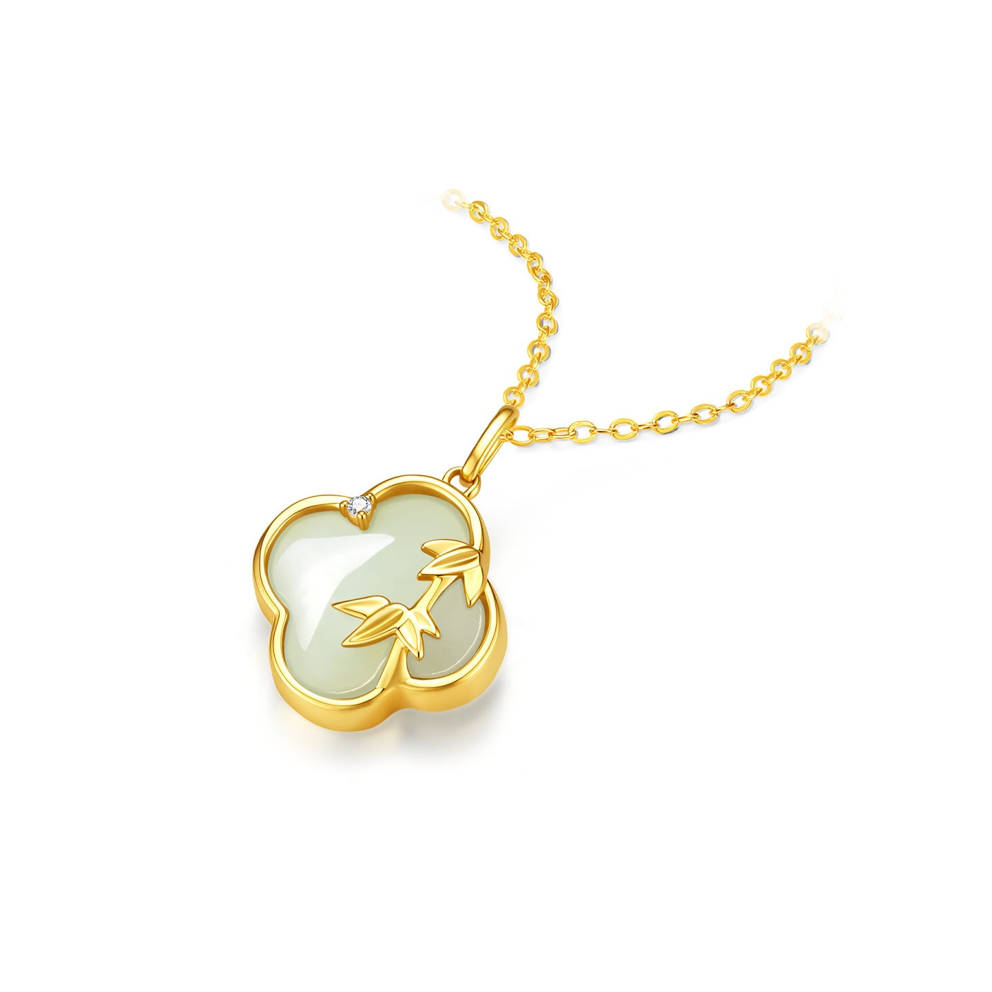 Gold Plated Silver Hetian Jade Bamboo Clover Necklace