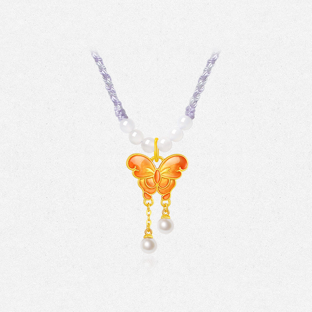 24K Gold Luminous Enamel Double-Sided Purple Orange Butterfly Necklace