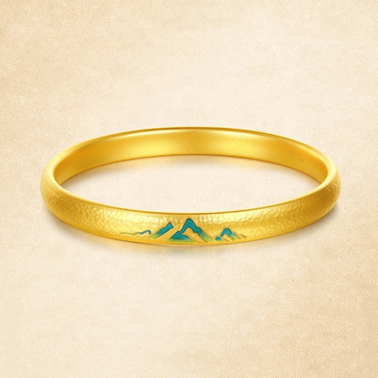 A Grand Panorama of Rivers and Mountains Series 24K Gold Enamel Hammer Pattern Bangle