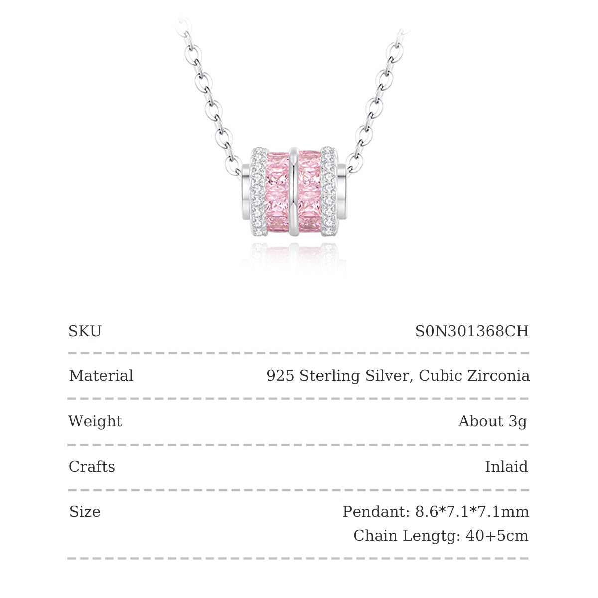 Silver Zircon Pink Small Waist Barrel Necklace