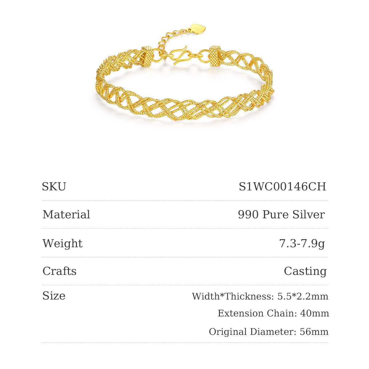 Gold Plated Silver Wide Twisted Braided Bracelet
