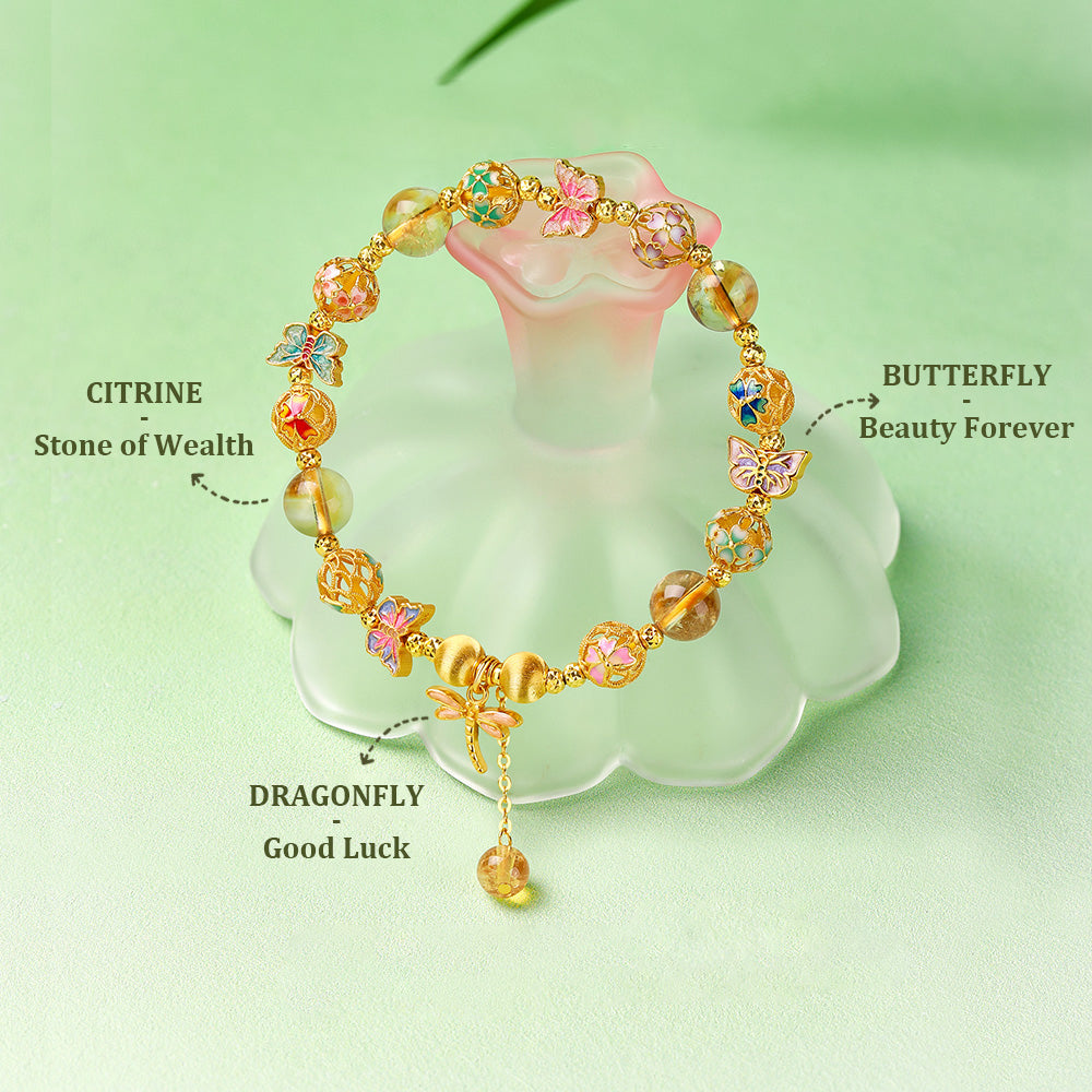 S925 Silver Dragonfly Butterfly Embroidery Ball Citrine Beaded Bracelet