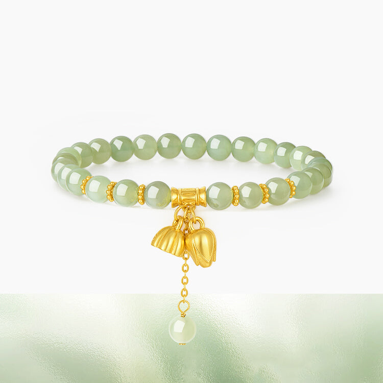 S925 Silver Two Lotus and Pod Green Hetain Jade Beaded Bracelet